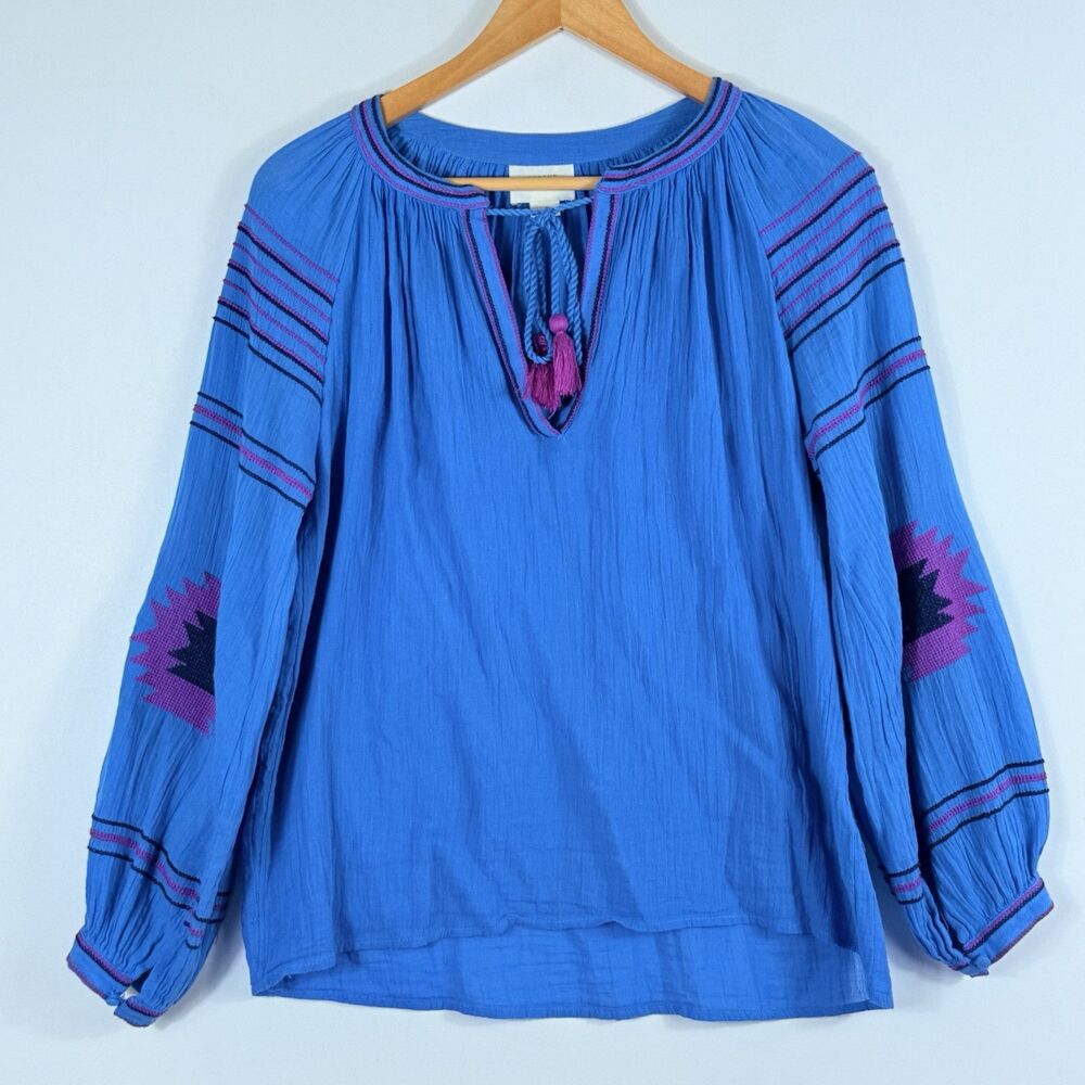 Maeve Top Womens XS Blue Native Cross Stitch Boho Peasant Western Shirt Flowy